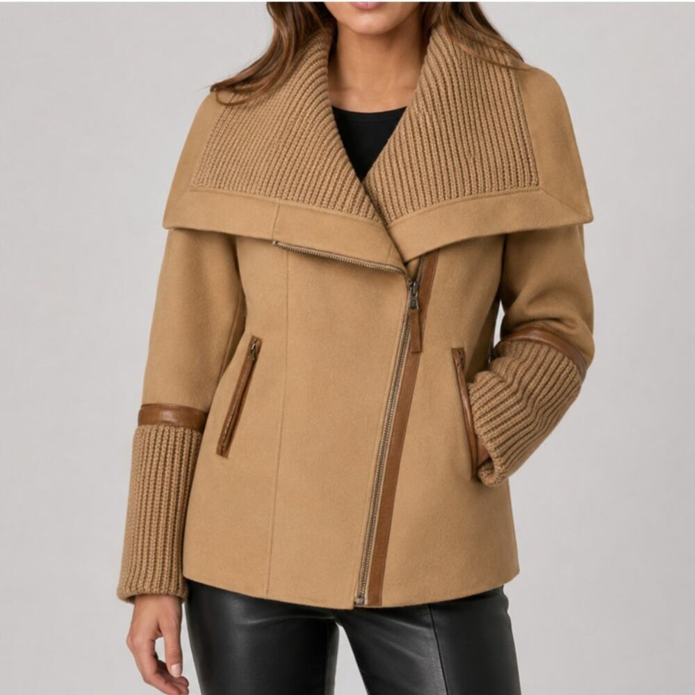 MACKAGE Wool Coat Oversized Collar Chunky Knit Leather Trim Zipper Tan Jacket